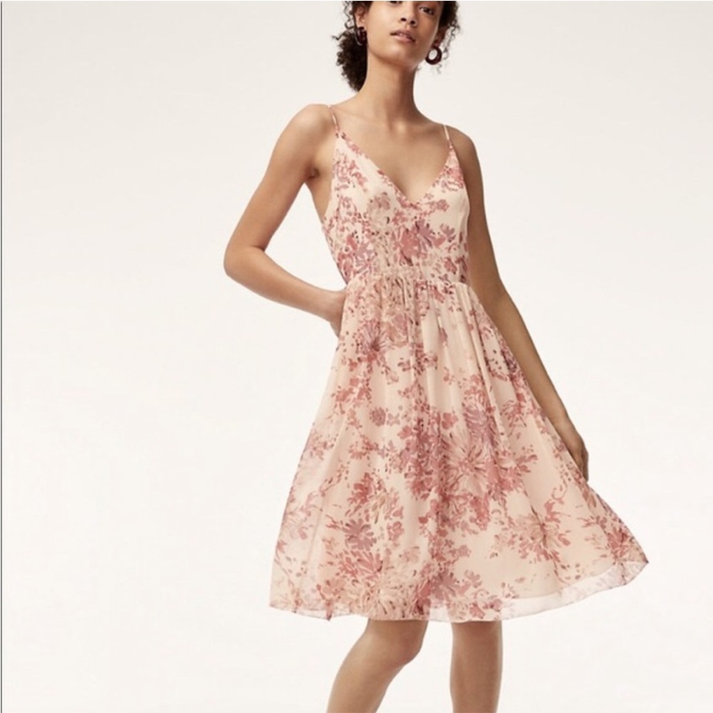 Aritzia Wilfred Sakura Dress Floral Knee Midi Length Straps Pink Cream Size 6